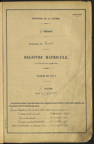 Classe 1894. Matricules n°1507-2008