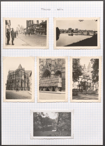 Tours (Indre-et-Loire). Rue Nationale en ruines (été 1940), pont Wilson, cathédrale Saint-Gatien, jardin François Sicard.