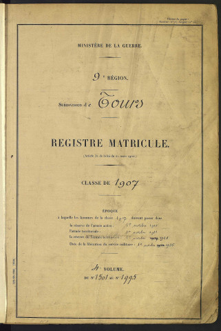 Classe 1907. Matricules n°1501-2071