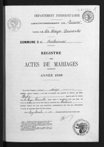 Balesmes. Mariages, 1938