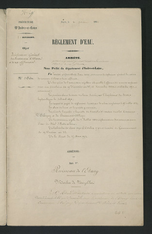 Arrêté portant règlement hydraulique des usines du ruisseau d'Olivet et de ses affluents (27 octobre 1852)