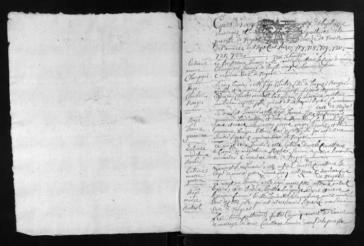 Collection du greffe. Baptêmes, mariages, sépultures, 1716-1722 - Les années 1709-1715 sont lacunaires dans les deux collections