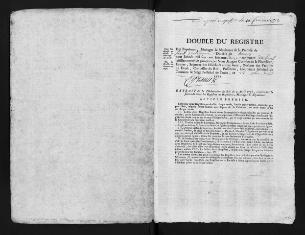 Collection du greffe. Baptêmes, mariages, sépultures, 1772-1773