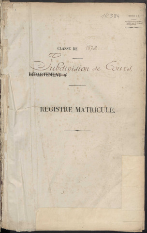 Classe 1874. Matricules et table alphabétique.