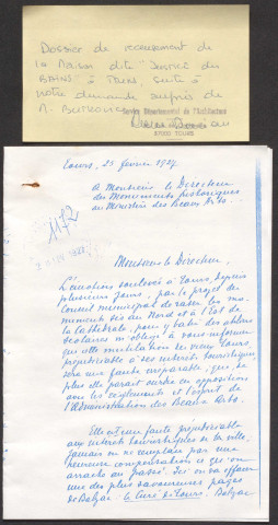 Lettre du conservateur des antiquités et objets d'art du département d'Indre-et-Loire (1/3).
