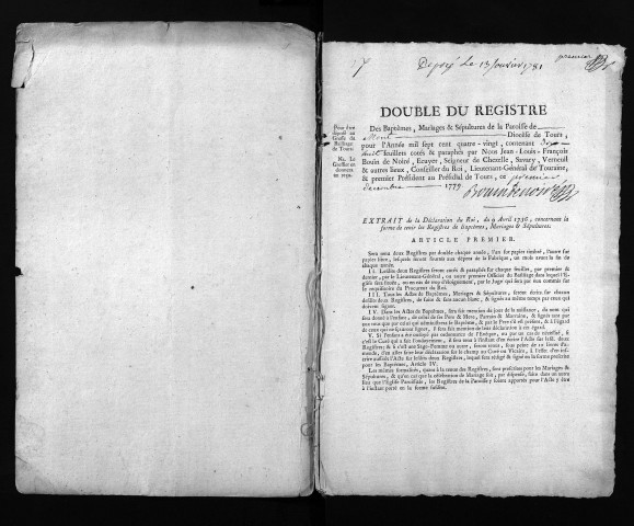 Collection du greffe. Baptêmes, mariages, sépultures, 1780