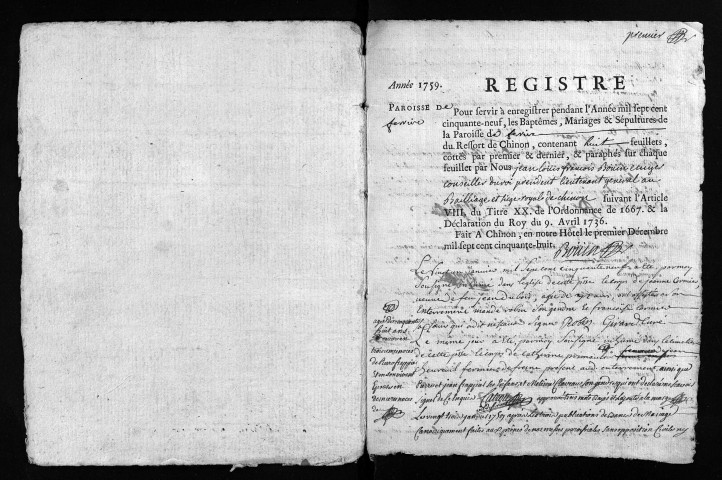 Collection du greffe. Baptêmes, mariages, sépultures, 1759