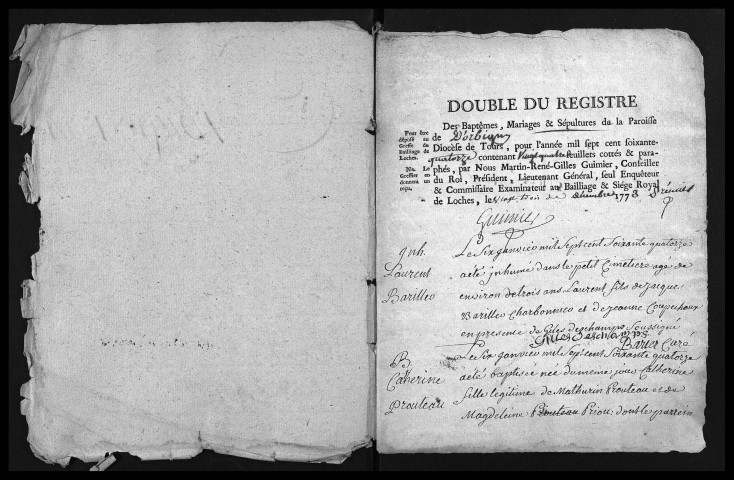 Collection du greffe. Baptêmes, mariages, sépultures, 1774