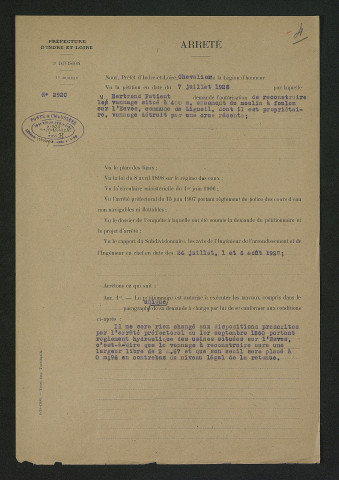 Autorisation accordé au propriétaire de reconstruire un vannage détruit par une crue (17 octobre 1928)