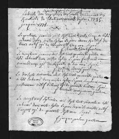 Collection du greffe. Sépultures, 1735-1774 et un certificat de 1787