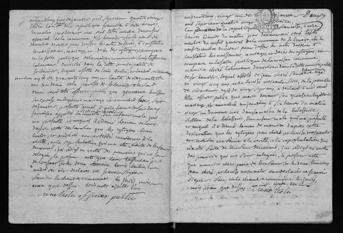 Naissances, mariages, décès, 1793-1806 - Pour les mariages de l'an VII et de l'an VIII, se reporter à la municipalité de canton (Rigny) - Lacune an XII : naissance de Claude Driancoure du 15 frimaire, naissance de Marie Chessé du 6 nivôse et décès de François Devant du 7 nivôse.