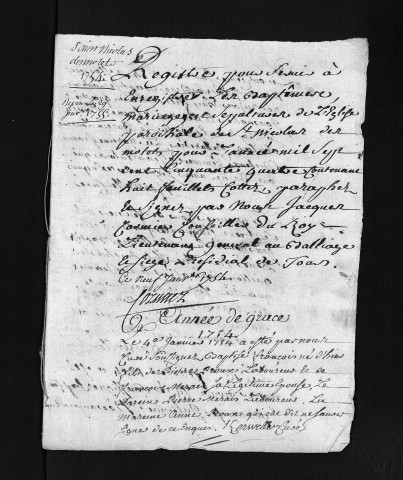 Collection du greffe. Baptêmes, mariages, sépultures, 1754-1755