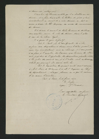 Arrêté préfectoral de mise en demeure au propriétaire pour qu'il se conforme au règlement de 1852 (10 février 1876)