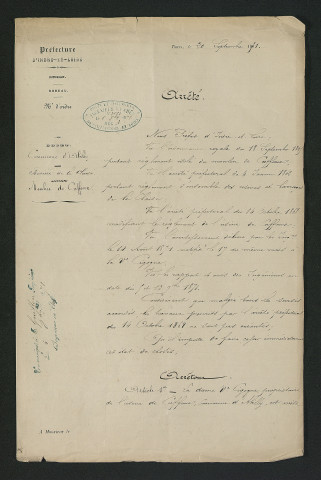 Arrêté préfectoral de mise en demeure d'exécution de travaux prescrits par le règlement d'eau du 14 octobre 1868 (20 septembre 1871)