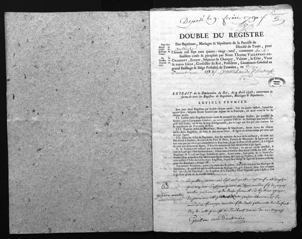 Collection du greffe. Baptêmes, mariages, sépultures, 1789