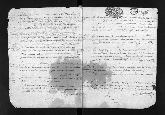 Collection du greffe. Baptêmes, mariages, sépultures, 1692-1700