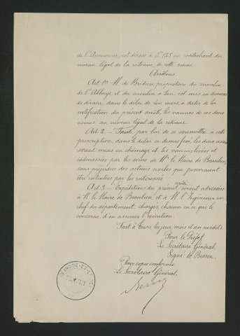Dérasement des vannes au niveau légal. Mise en demeure (13 mai 1875)