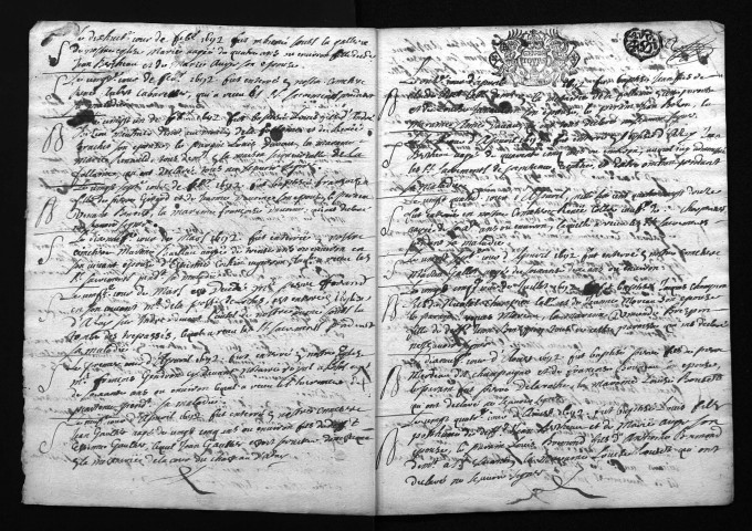 Collection du greffe. Baptêmes, mariages, sépultures, 1692-1694 - Les années 1689-1691 sont lacunaires dans cette collection