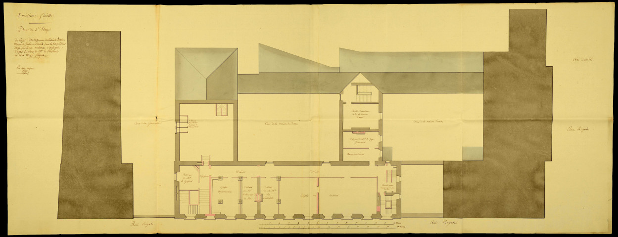 Réunion des tribunaux, des prisons et de la caserne de gendarmerie dans le palais de justice. Travaux d'installation, de réparation, d'aménagement et d'entretien : rapports, notes, correspondance, extraits de délibérations, cahiers des charges, affiches, plans, comptes, soumissions, devis, mémoires, procès-verbaux d'adjudication et de réception des travaux.