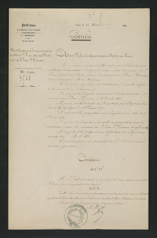 Arrêté préfectoral autorisant l'élargissement de la vanne motrice du moulin (11 avril 1854)