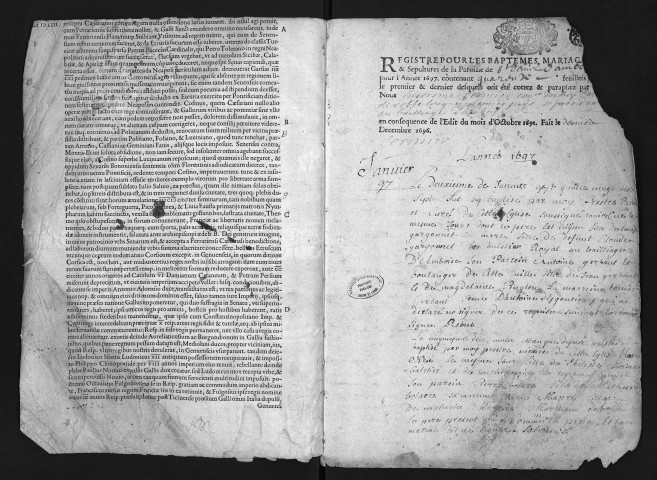 Collection du greffe. Baptêmes, mariages, sépultures, 1697