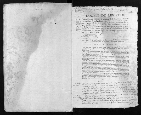 Collection du greffe. Baptêmes, mariages, sépultures, 1784