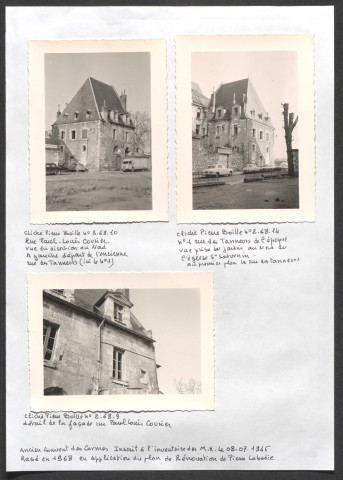 1 rue Paul-Louis Courier vu en direction du nord ; 1 rue des Tanneurs de l'époque ; détail de la façade rue Paul-Louis Courier.