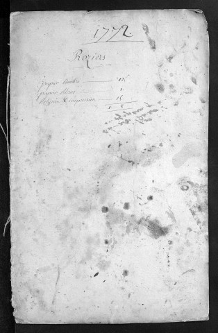 Collection du greffe. Baptêmes, mariages, sépultures, 1772