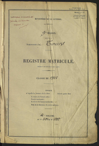 Classe 1921. Matricules n°501-833, 916-1000