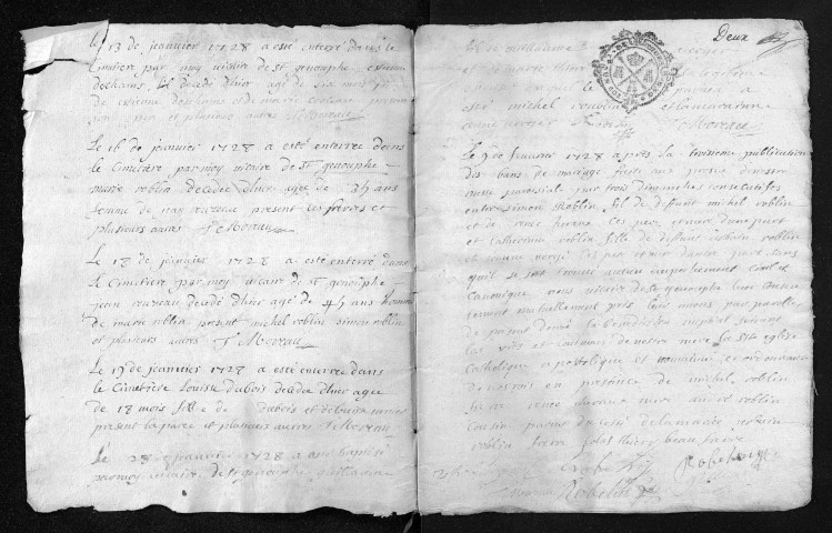 Baptêmes, mariages, sépultures, 1728 - L'année 1727 est lacunaire dans la collection du greffe