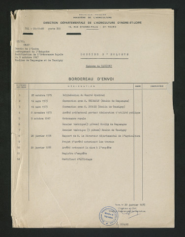 Documents relatifs aux modifications demandées au règlement des moulins de Tauxigny et de Requeugne (1973-1975)