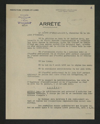 Arrêté préfectoral autorisant des travaux sur les vannes de décharge. (12 août 1953)