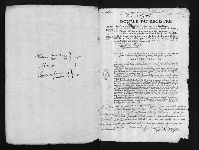 Collection du greffe. Baptêmes, mariages, sépultures, 6 janvier-1er décembre 1785
