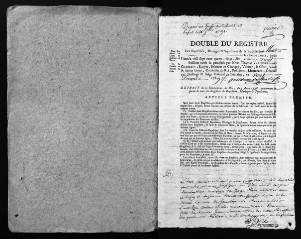 Collection du greffe. Baptêmes, mariages, sépultures, 1790