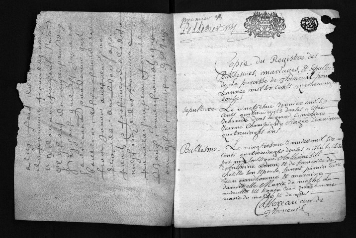 Collection du greffe. Baptêmes, mariages, sépultures, 1692-mars 1693 - La période avril-décembre 1693 est lacunaire.