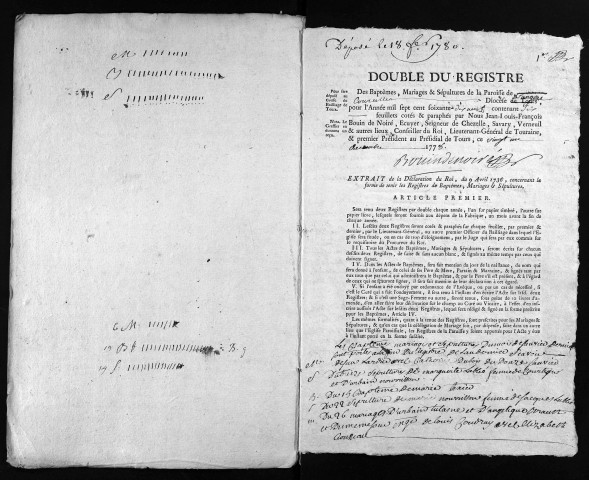 Collection du greffe. Baptêmes, mariages, sépultures, 1779-1780