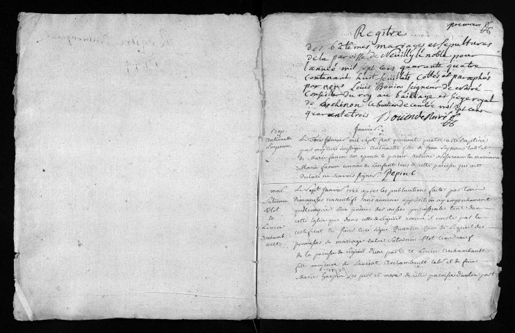 Collection du greffe. Baptêmes, mariages, sépultures, 1744