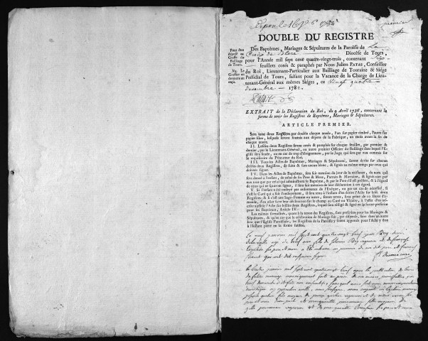 Collection du greffe. Baptêmes, mariages, sépultures, 1783