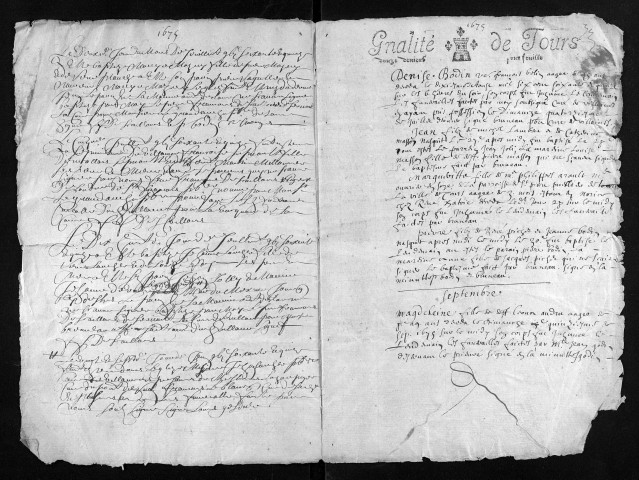 Baptêmes, mariages, sépultures, 1675 - Les années 1672-1674 sont lacunaires dans la collection du greffe