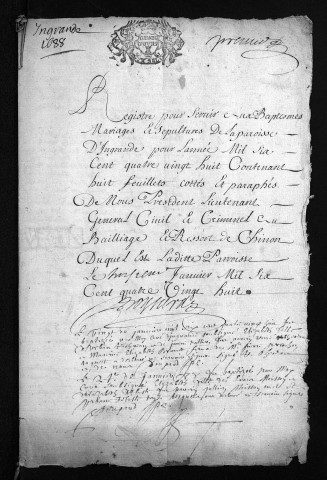 Collection du greffe. Baptêmes, mariages, sépultures, 1688