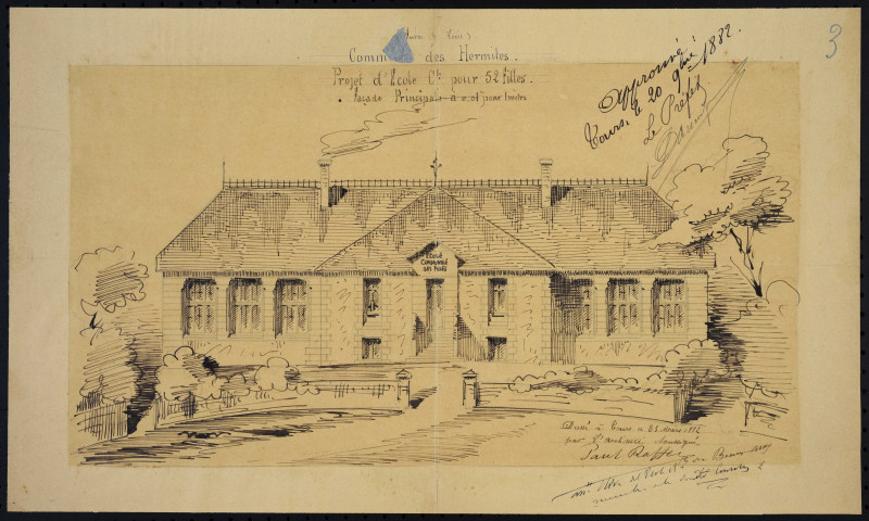 Projet de construction d'une école de filles et d'un logement pour l'institutrice, 6 plans : 1 coupe des lieux (1882) ; 1 plan de la façade principale (1882) ; 1 plan de la façade postérieure (1882) ; 1 coupe transversale de l'habitation (1882) ; 1 description du mobilier (1882) ; 1 plan de relevé d'exécution (1885).
