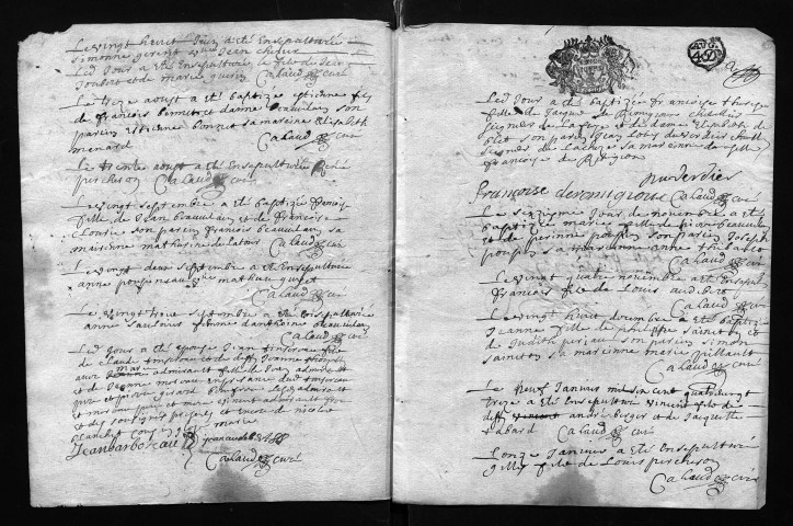 Collection communale. Baptêmes, mariages, sépultures, 1692-1697 - L'année 1695 est lacunaire dans cette collection