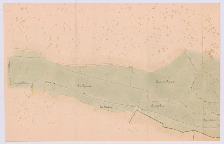 Plan aquarellé de la rivière d'Aigronne en amont du moulin (28 mai 1831)