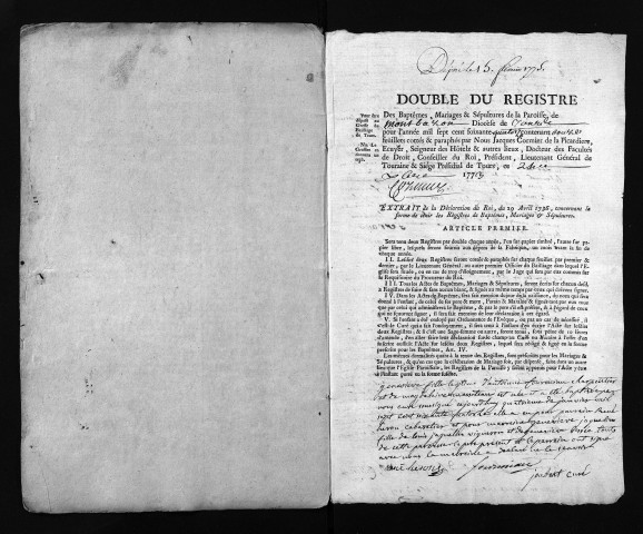 Collection du greffe. Baptêmes, mariages, sépultures, 1774