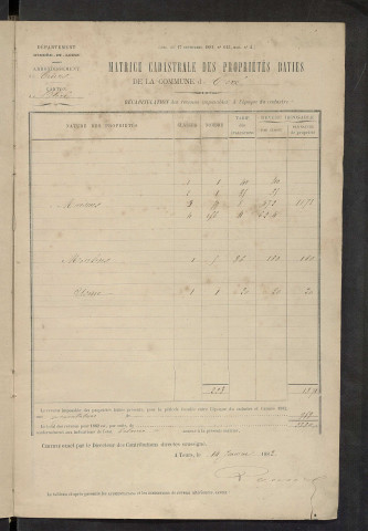 Matrice des propriétés bâties ; augmentations et diminutions, 1883-1891 ; séparation des revenus cadastraux afférents, pour l'année 1882, aux propriétés bâties et non bâties (état-balance) ; table alphabétique des propriétaires.