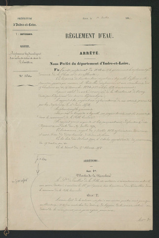 Arrêté portant règlement hydraulique des usines situées sur le ruisseau du Rémillon (31 juillet 1854)