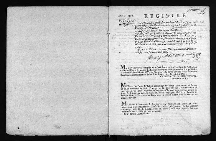 Collection du greffe. Baptêmes, mariages, sépultures, 1780