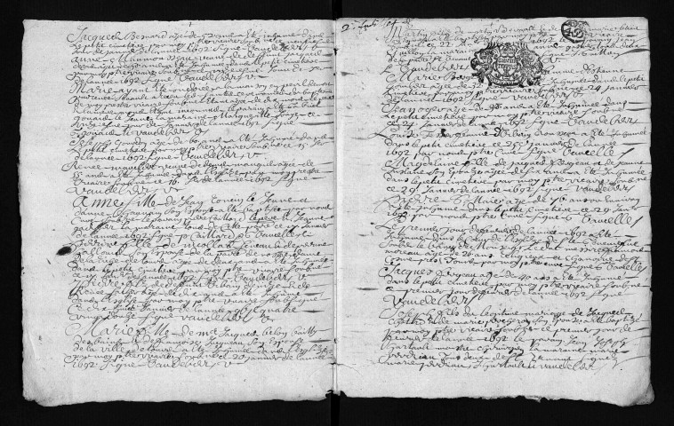 Collection du greffe. Baptêmes, mariages, sépultures, janvier-20 février 1692