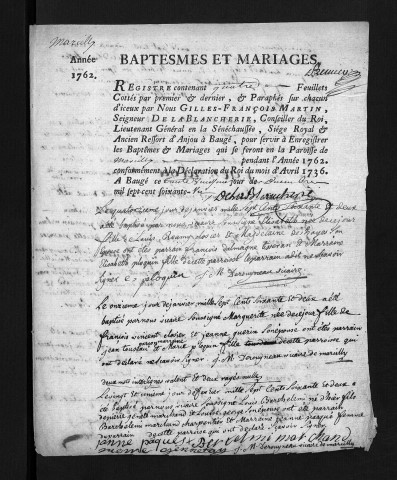 Collection du greffe. Baptêmes, mariages, 1762