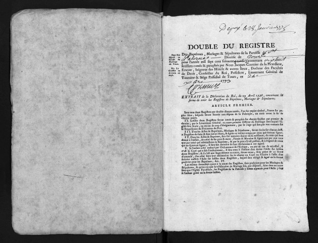 Collection du greffe. Baptêmes, mariages, sépultures, 1774